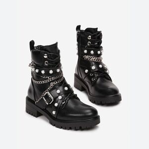 ZARA Black Chunky Combat Boots with Pearl Studs, Chains, Buckle Strap Size EU 36
